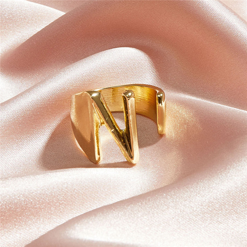 Arzonai Alphabet A- Z letter ring chunky name irregular gold ring adjustable initial statement ring