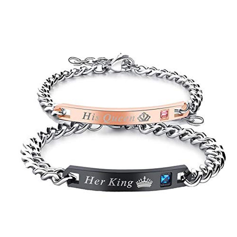 Arzonai His or Hers Matching Set His Queen Her King Titanium Stainless Steel Couple Bracelet for Girls & Boys (2 Pcs)