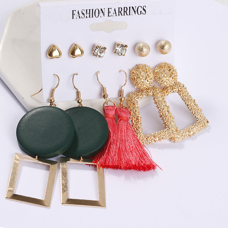 Arzonai hot-selling earrings acrylic faux pearl geometric circle flashing diamond tassel earring set piece