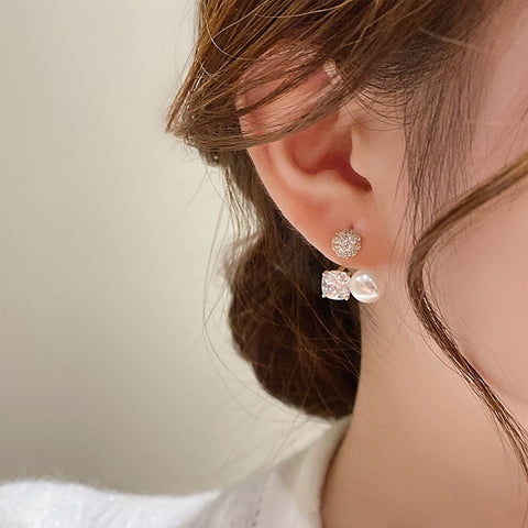 Arzonai  needle French temperament diamond-encrusted square pearl earrings Korean version of the simple full diamond one pair of earrings