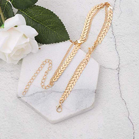 Arzonai Fashion Jewelry Fishbone Airplane Leaf Two Layered Necklaces Chevron Chain Choker Necklace Flat Chain (Gold)