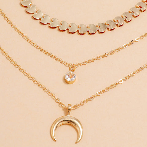 Arzonai European and American fashion personality necklace three-layered clavicle chain moon crescent rhinestone pendant necklace