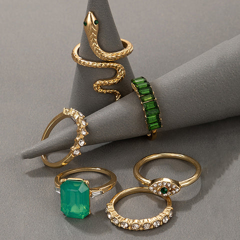 Arzonai creative green diamond-studded snake ring 6-piece retro emerald zircon joint ring
