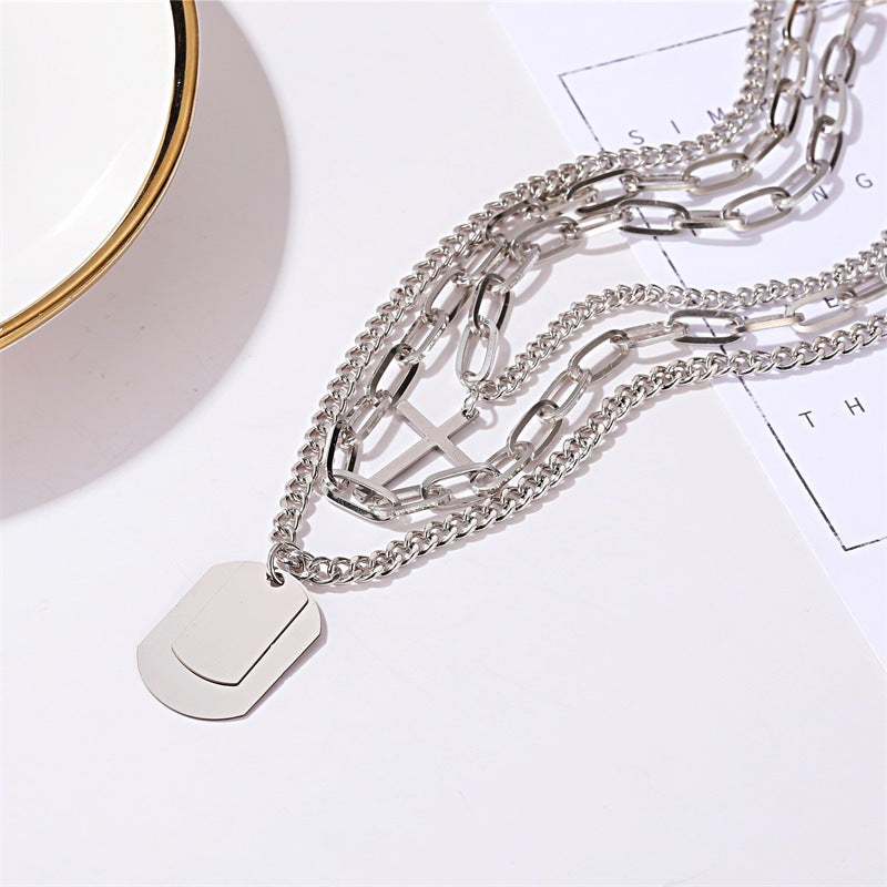 Arzonai Punk Style Necklace Personality Cross Metal Three-piece Necklace Hip Hop Street Shooting Multilayer Sweater Chain