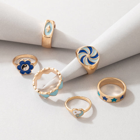 Arzonai style ring Blue Taichi Five-Solid Star Flower Love Windmill 6-piece Drop Oil Ring