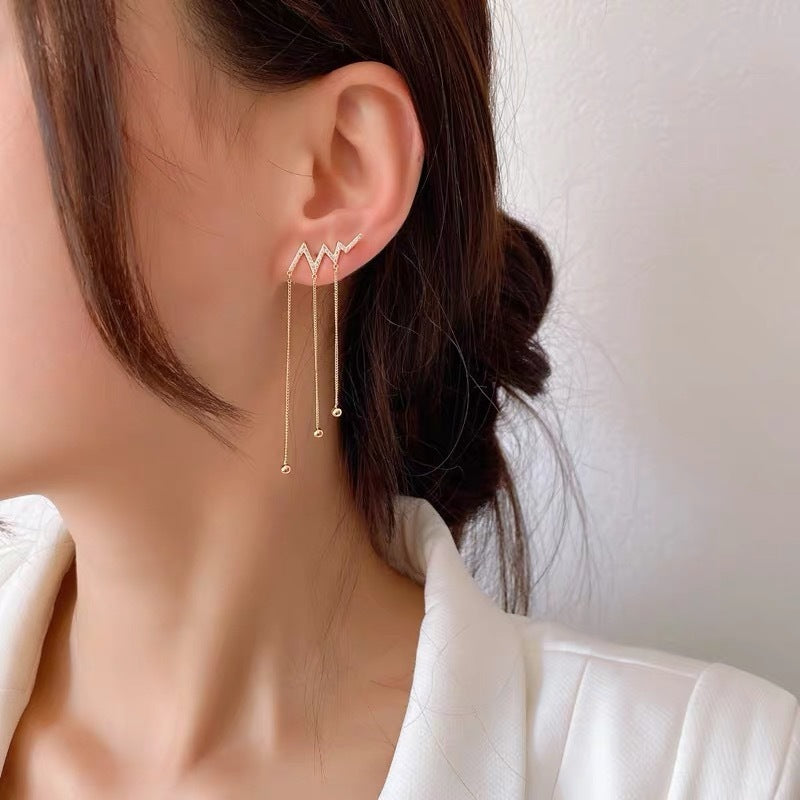 Arzonai   Korean long rhinestone ECG tassel net red temperament earrings full of diamonds lightning ear stud earrings female