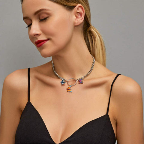 Arzonai Spring new products cross-border European and American jewelry fashion color butterfly necklace female temperament cold thick chain clavicle chain