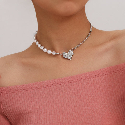 Arzonai  personality imitation pearl chain necklace female creative micro-set heart-shaped asymmetric