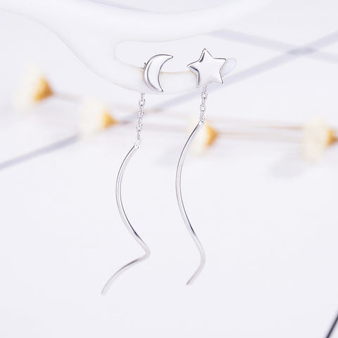 Arzonai Asymmetric star moon ear line five-pointed star moon ear studs long tassel earrings female temperament Korean simple