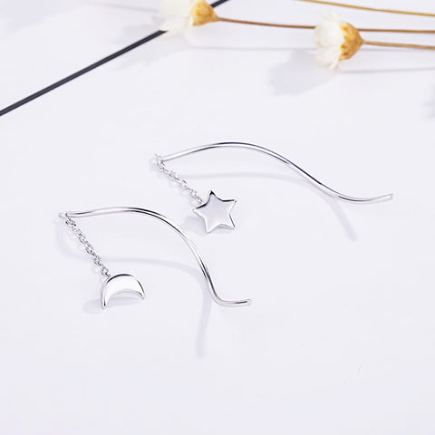 Arzonai Asymmetric star moon ear line five-pointed star moon ear studs long tassel earrings female temperament Korean simple