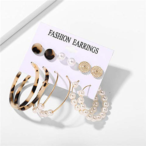 Arzonai European and American jewelry stitching C-shaped acetate plate leopard print combination earring set earrings female pearl earring