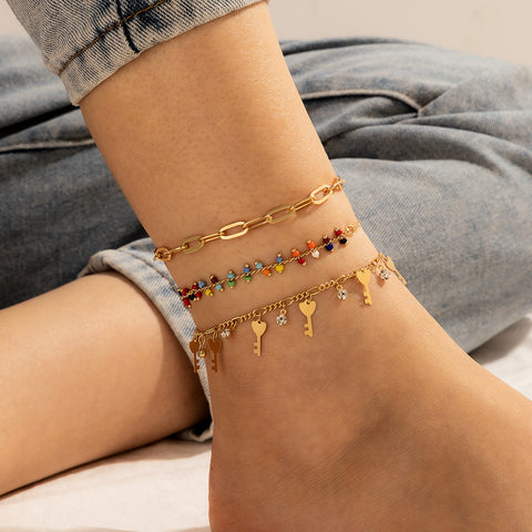 Arzonai new color rice bead multi-layer anklet, all-match tassel key foot decoration 3-piece Anklet Set