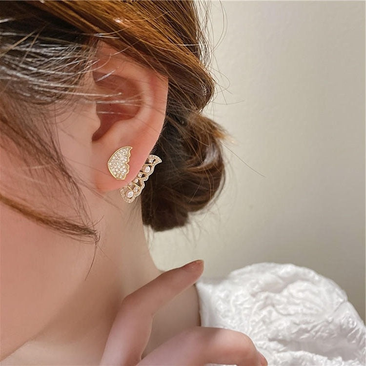 Arzonai  Butterfly Earrings Female Korea A Two-Wear Pearl Diamond Butterfly Pearl Stud Earrings Simple Personality Earrings