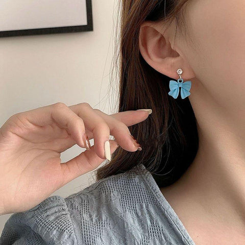 Arzonai Girls Bowknot Blue Flowers Rhinestone Korean Style Ear Studs Women Earrings Bow Stud Earrings