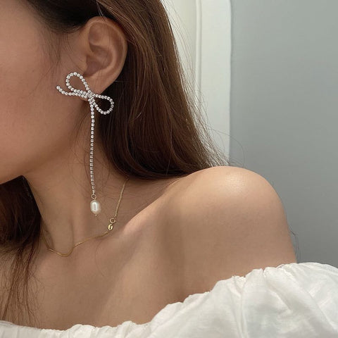 Arzonai Net red new all-match girl bright diamond bow natural pearl earrings women's temperament long earrings earrings light luxury