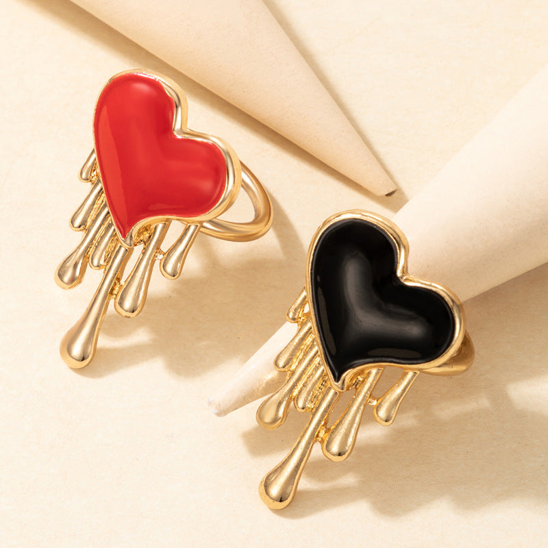 Arzonai  new jewelry European and American personality red flow heart peach heart love drop oil contrast ring 2-piece set