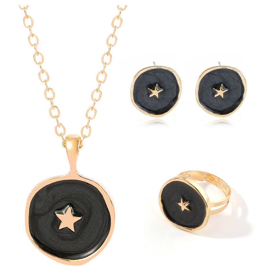 Arzonai Simple Fashion Gold Color Coin Heart Necklace Enamel Stars Moon Necklace Stainless Steel Enamel Heart Round Pendant Necklace Set