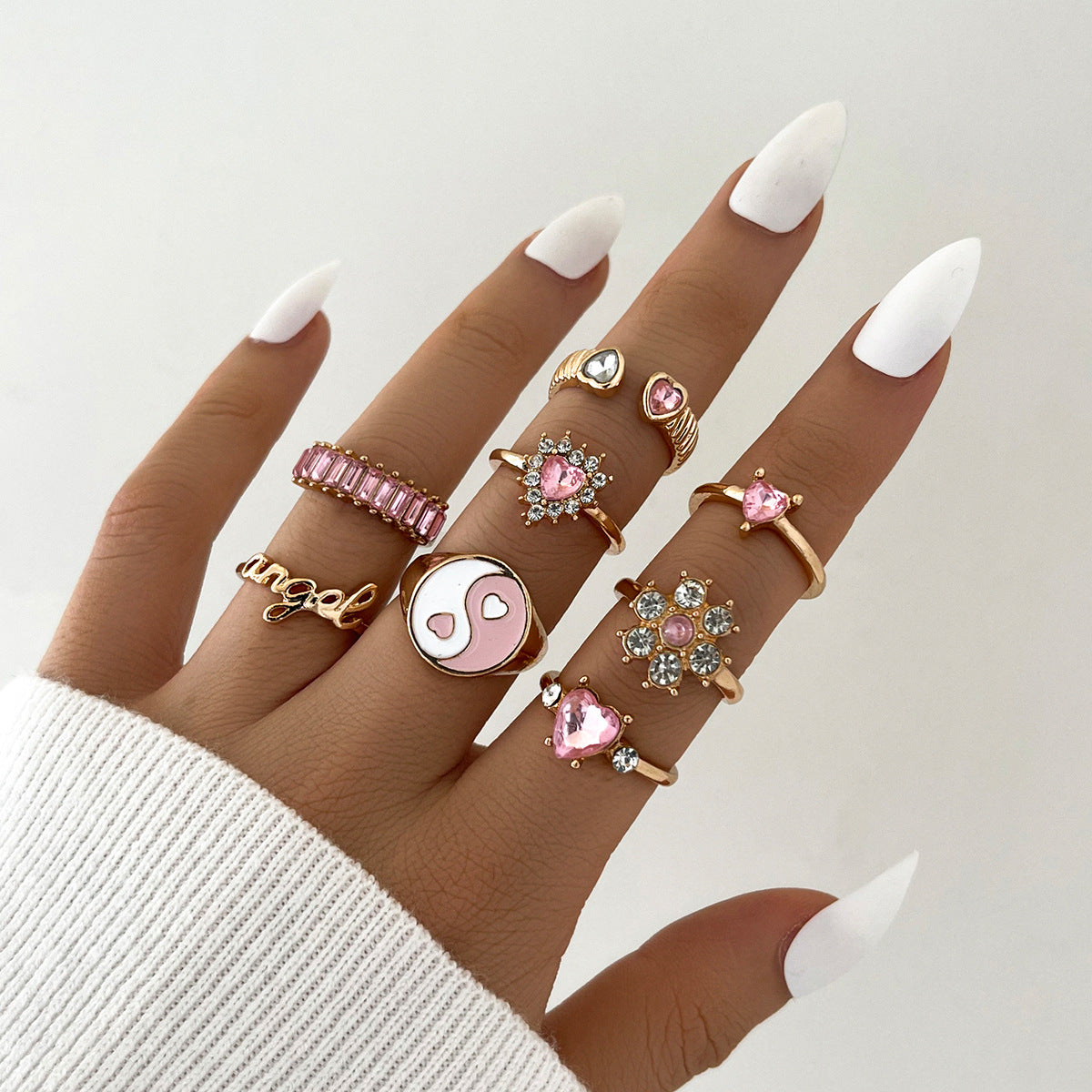 Arzonai fashion Yin Yang gossip pink full diamond flower letter love ring set 8pCs/Set