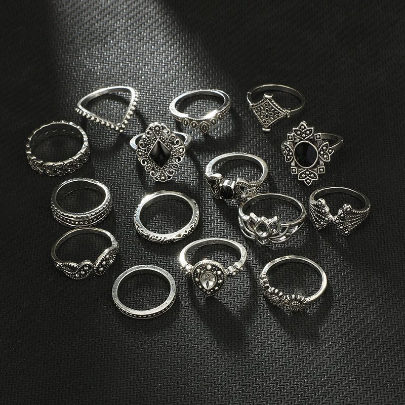 Arzonai Cross-border jewelry 15-piece ring personality trendy fan hollow lotus sunflower geometric black gemstone set ring