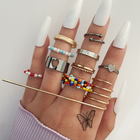 Arzonai Ladies Punk Ring Set Gun Spades Heart Exaggerated Spring Colorful Beads Open Round Beads Geometric Rings Set of 10