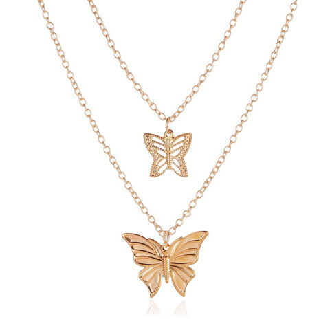 Arzonai European and American cross-border new fashion double layer butterfly necklace exaggerated temperament 2 layer hollow butterfly pendant clavicle chain