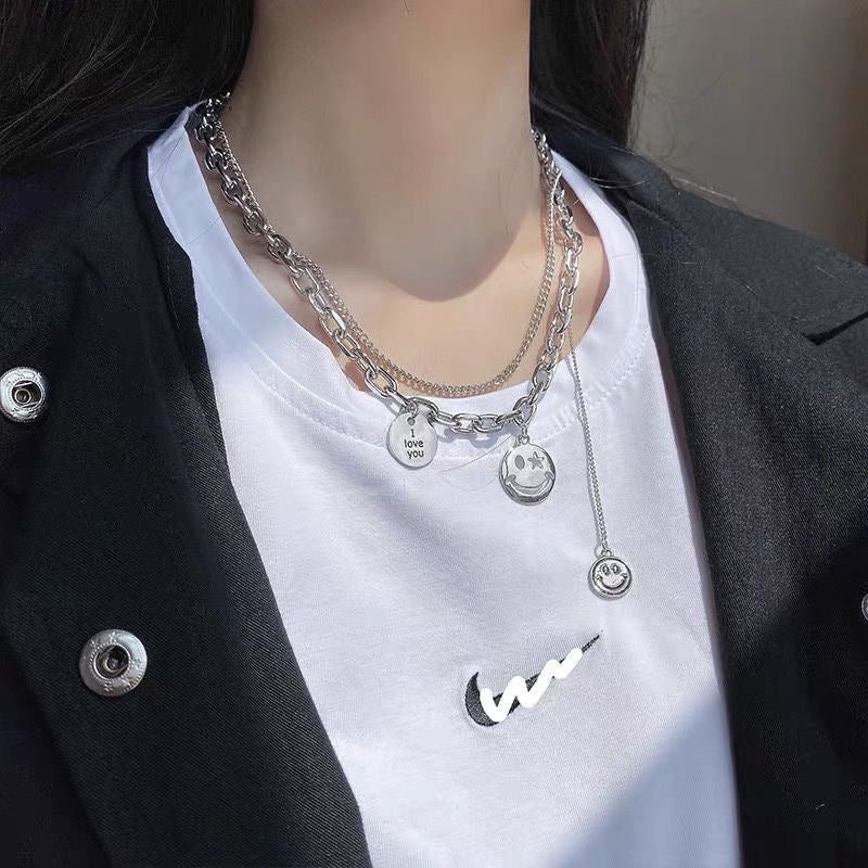 Arzonai Korean ins net red chain smiley necklace fashion personality double-layer pendant collarbone chain sweater chain necklace trendy women