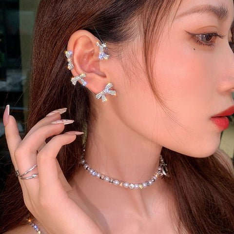 Arzonai 2Pcs (Left+ Right) Celebrity with the same paragraph girl sweet micro-encrusted zircon bow without ear pierced earrings ear clip delicate ear hanging ear clip female