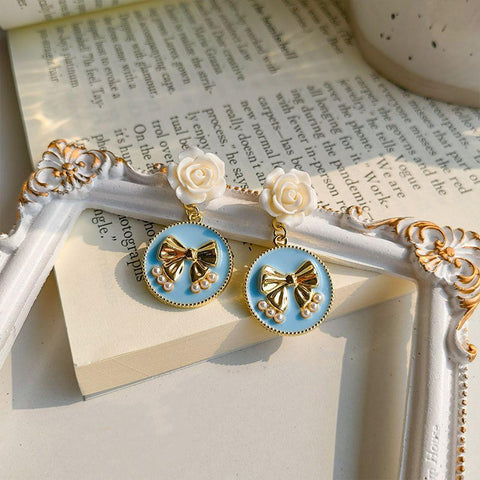 Arzonai  Blue Stud Earrings Flowers Bow Knot Earrings Circle Square Geometric Stud Earrings Pure Color Crystal Earrings for Women Jewelry