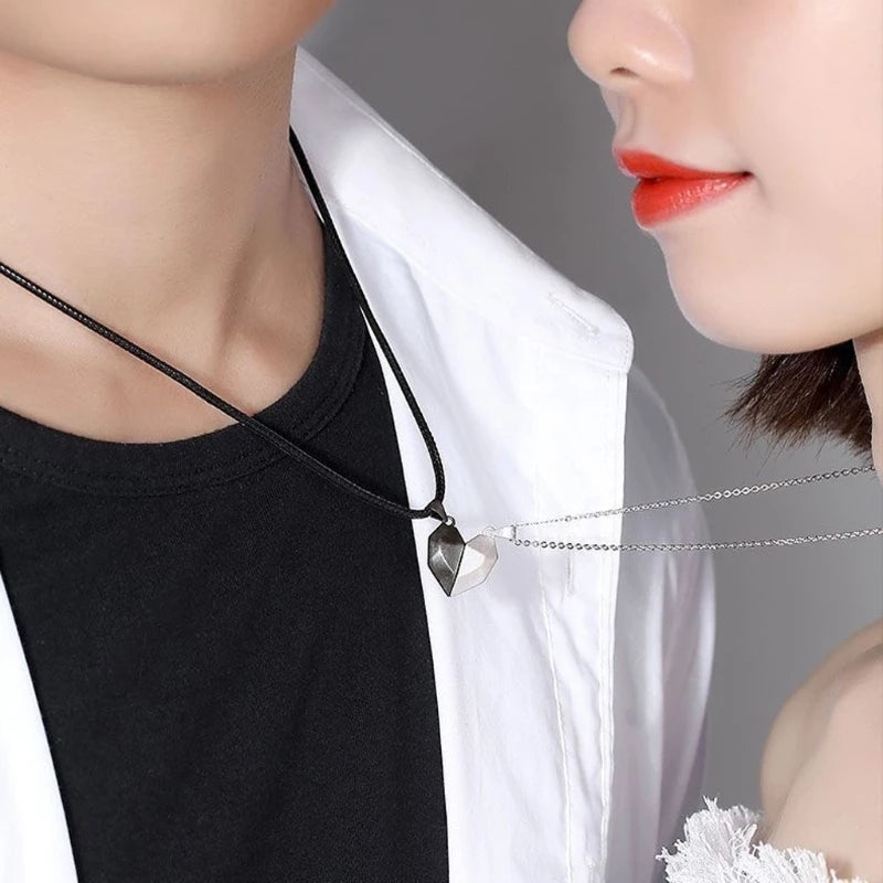 Arzonai Valentine's Day Gift 2021 Magnetic Couple Necklace Pair Half Lovers Heart Pendant Distance Faceted Charm Necklace Women