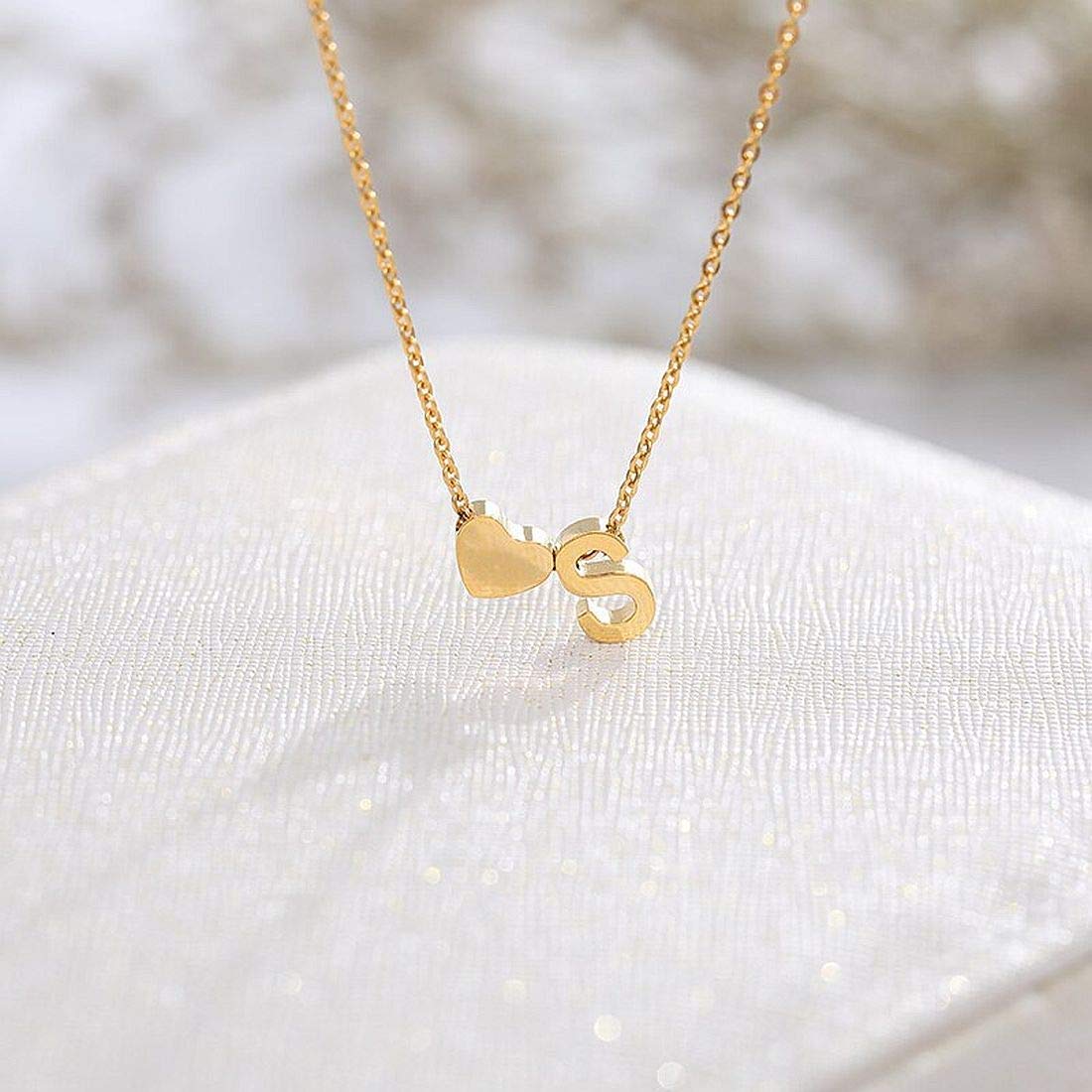 ARZONAI Gorgeous Alphabet 'S' & Tiny Heart Pendant Locket Chain Double Pendant Initial Letter n Cute Heart; Necklace Gift for Girls Women On Birthday Anniversary Valentine Occasions (Gold)