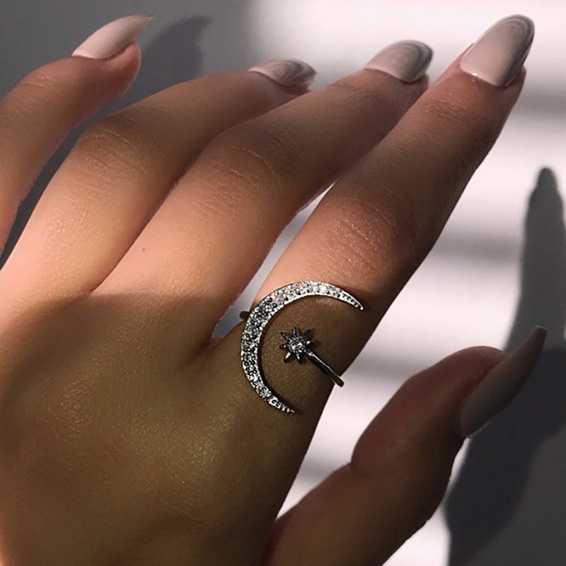 Arzonai Cross-border hot sale crescent ring European and American fashion star and moon ring ethnic style star and moon index finger open ring