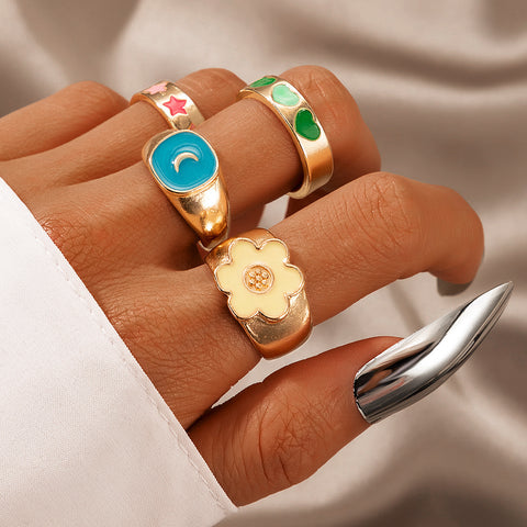 Arzonai Retro color dripping oil love flower star moon ring 4 piece set European and American fashion simple style cartoon ring