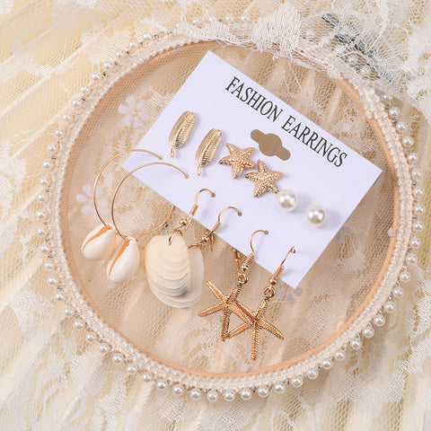 Arzonai  explosive alloy starfish leaf earrings set simple beach style shell pearl earrings 6-piece set
