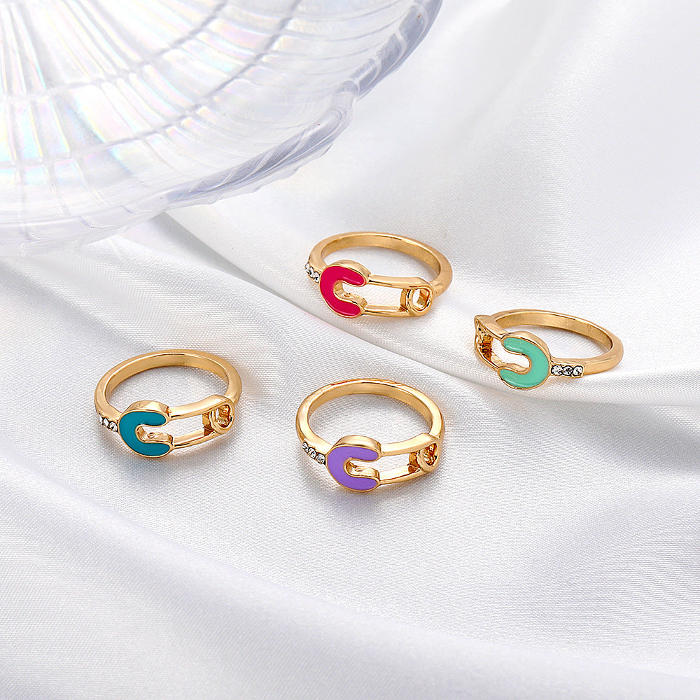 Arzonai creative color dripping oil diamond paper clip ring net celebrity ins cold wind pin index finger ring female
