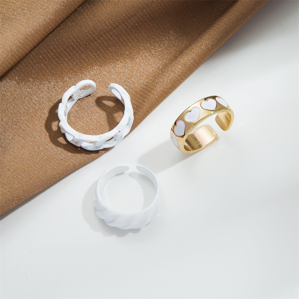 Arzonai love heart hollow ring 3-piece set Korean creative retro geometric joint ring set-White
