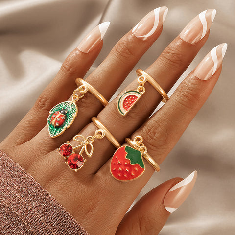 Arzonai  jewelry cute cartoon fruit element strawberry west ghost cherry 4-piece drip ring