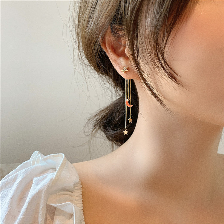 Arzonai Korean version of Dongdaemun fashion temperament star moon net red micro-inlaid zircon long tassel earrings for Women and Girls
