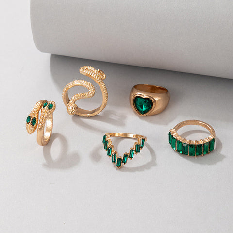 Arzonai new fashion jewelry ring snake-shaped love emerald diamond ins wind 5-piece ring female