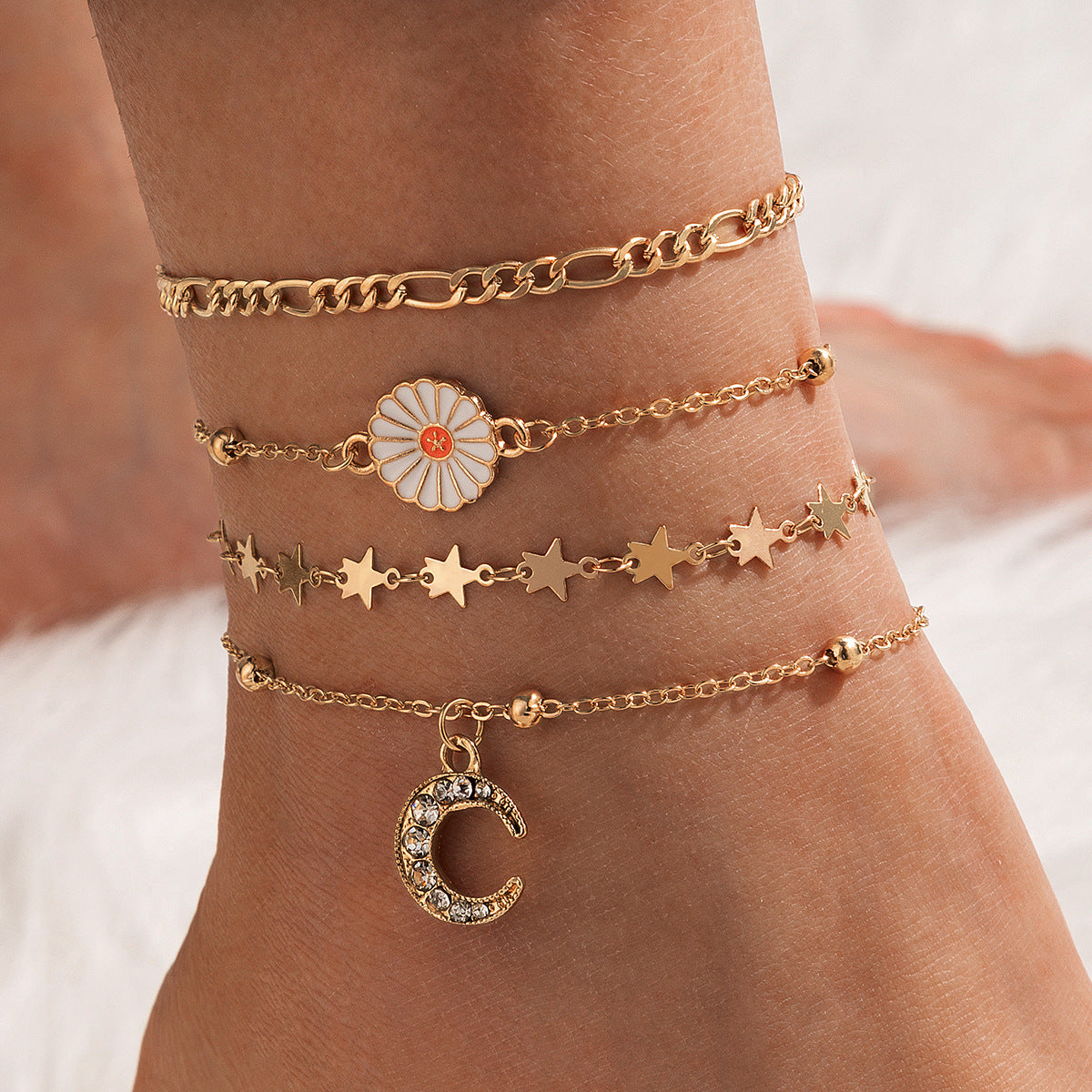 Arzonai new accessories personality thick chain small daisy flower five-pointed star moon 4-piece anklet
