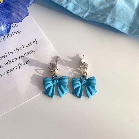 Arzonai Girls Bowknot Blue Flowers Rhinestone Korean Style Ear Studs Women Earrings Bow Stud Earrings