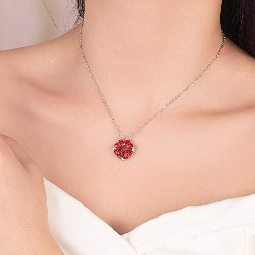 Arzonai Fashion Four Leaf Clover Necklace Love Heart Magnetic Folding Pendant Rose Gold Clavicle Chain Single Side Double Side (Silver Chain + (Red and Black)