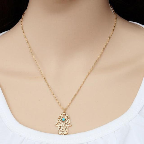 Arzonai Fatima Hand Pendant Necklaces Cord Link Chain Gold Color Women Men Fashion Hamsa Hand Jewelry Blue Beads Pendant Choker