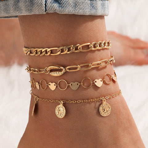 Arzonai fashion jewelry beach style love circle piece chain 4-piece set chain golden anklet jewelry female