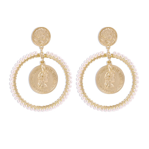 Arzonai fashion small fragrance geometric round pearl winding earrings creative design exaggerated portrait earrings