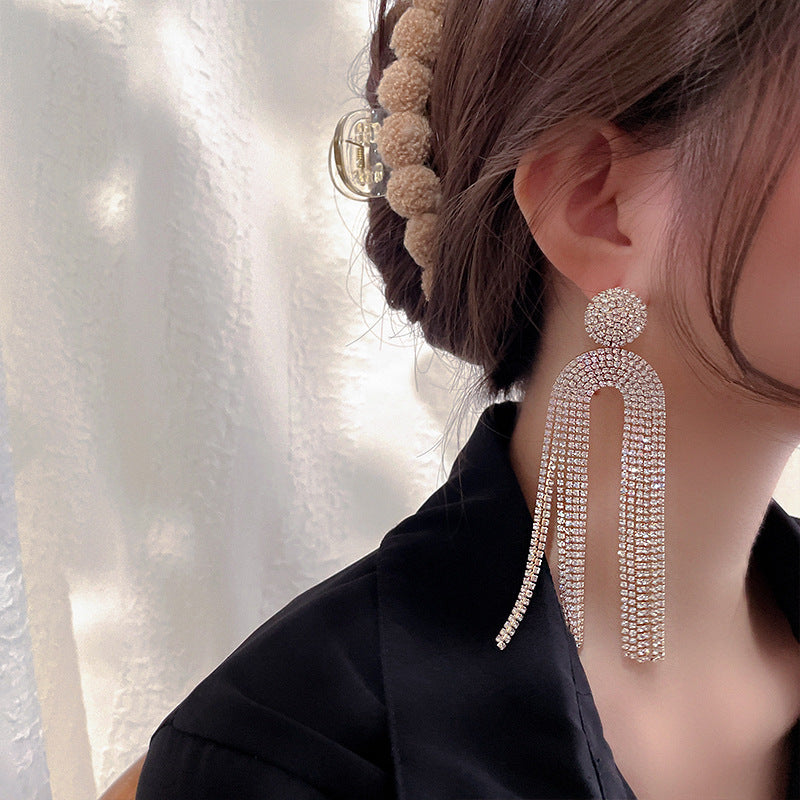 Arzonai U-shaped jellyfish diamond tassel earrings European and American high-end tassel long earrings design earrings women- Golden