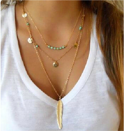 Arzonai European and American foreign trade handmade jewelry simple turquoise bead sequin multilayer leaf necklace AliExpress hot sale