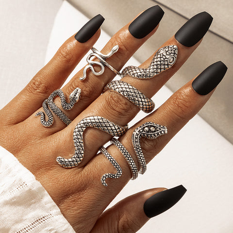 Arzonai long section cool and handsome men's snake print ring punk wind snake-shaped animal retro exaggerated 4-piece ring