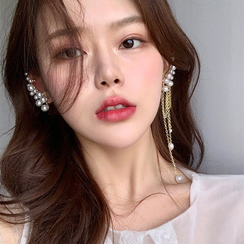 Arzonai  pearl tassel asymmetric ear bone clip one-piece earrings Korean personality temperament fashion net red earrings for women and Girls