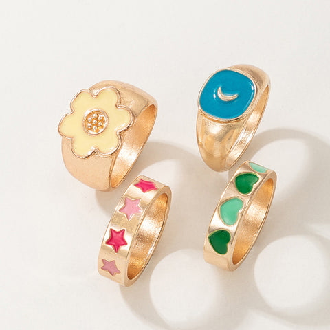 Arzonai Retro color dripping oil love flower star moon ring 4 piece set European and American fashion simple style cartoon ring