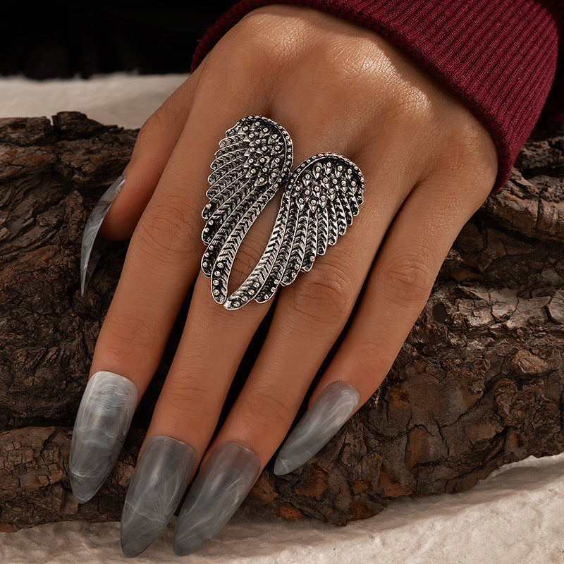 Arzonai new accessories retro punk hip hop style single silver wing ring men and women ring